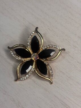 Gold-Tone Black Flower Brooch with Clear Crystal Accents Vintage Inspired